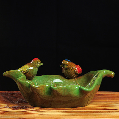 创意陶瓷工艺果盘 家用摆设水果盘  窑变对鸟树叶盘水果茶盘批发|ms