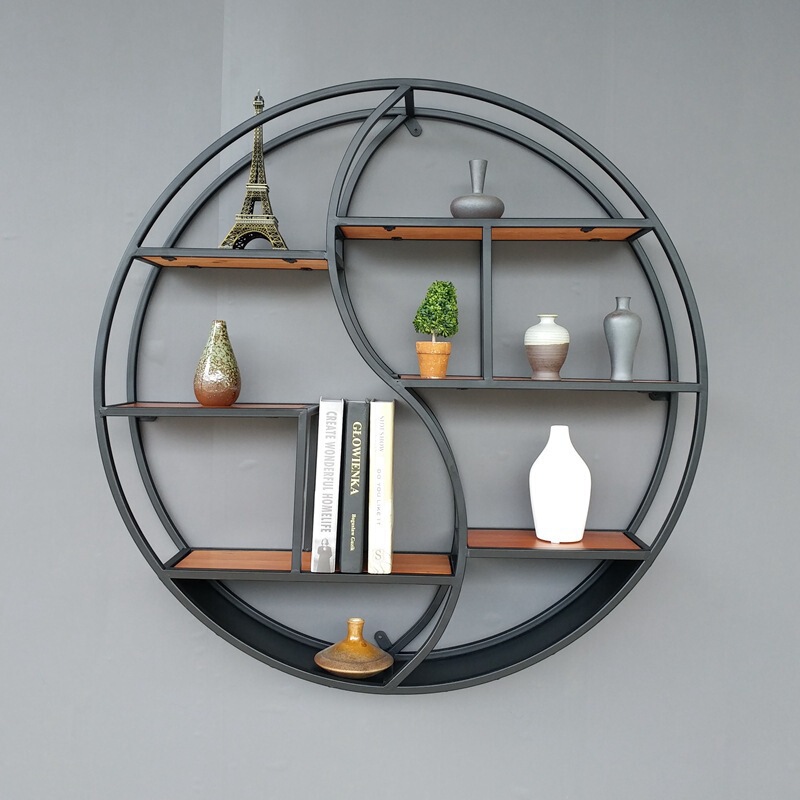 Nordic Round Iron Display Rack Creative Yin-Yang Symmetrical Living Room Wall Hanging Storage Rack Solid Wood Partition Bookshelf