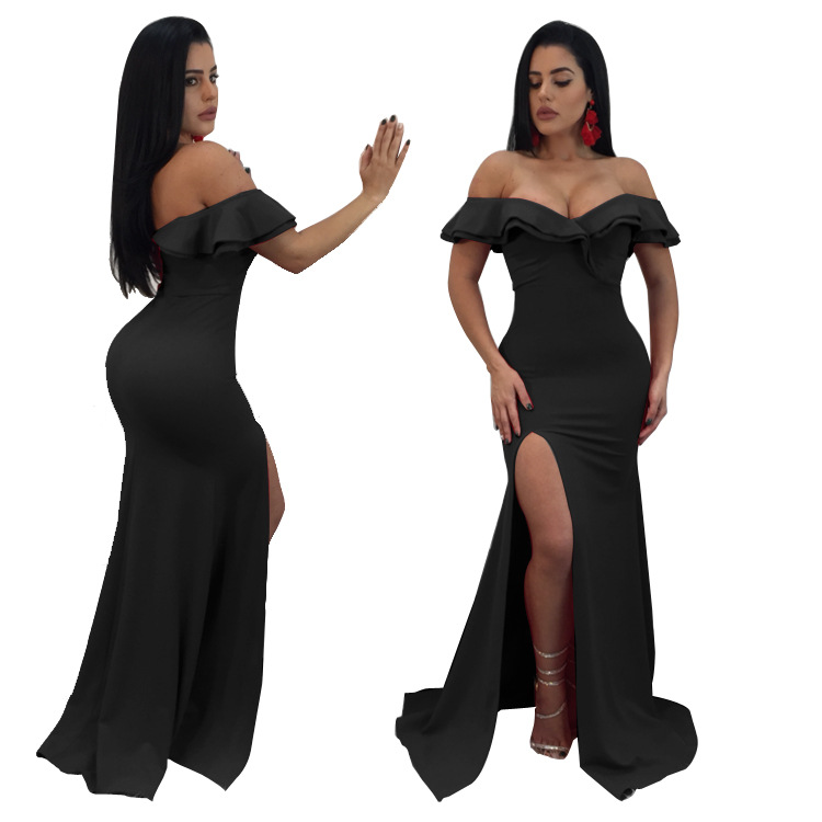 Solid Color Tube Top Off-Shoulder Ruffled Mopping Slit Evening Dress NSMYF100001