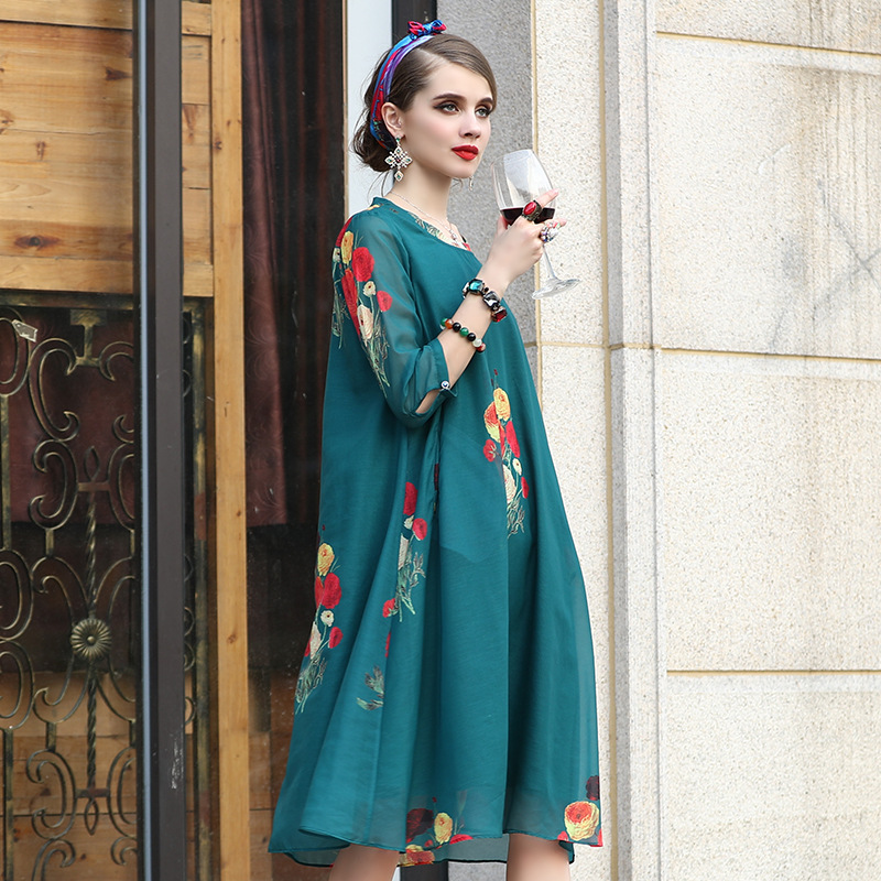 欧洲站2024夏季新款精品短袖连衣裙宽松中长款妈妈中年大码女装