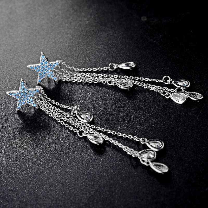 Korean Fashion New Five-pointed Star Tassel Zircon Sterling Silver Needle Earrings Wholesale Nihaojewelry display picture 8