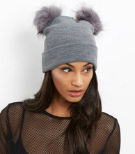 歐美冬季速賣通針織卷邊保暖毛線帽雙毛球帽仿狐狸毛毛球帽