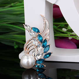 日韩版 高档天然珍珠水晶玻璃长翅膀胸针孔雀 简约高贵衣饰