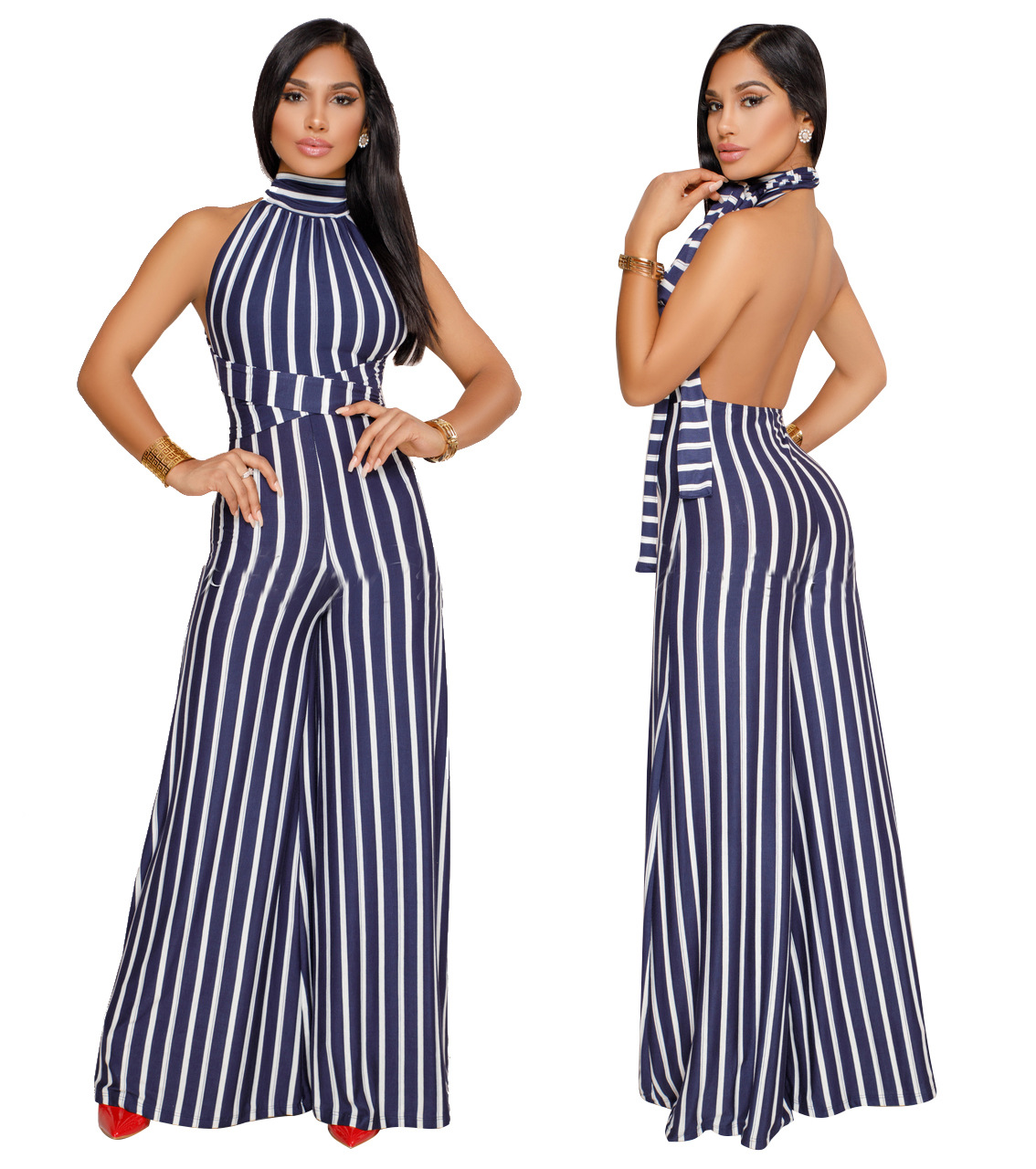 Striped Lace Up Backless Wide Leg Jumpsuit NSMRF116732