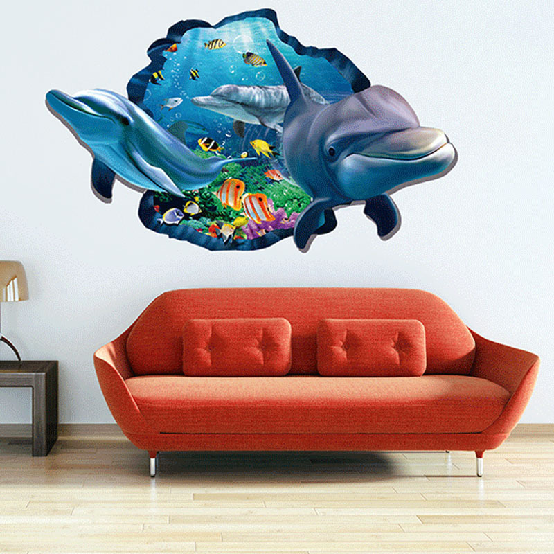 9215大海豚墙贴儿童房电视背景装饰海洋卡通 创意客厅玻璃贴纸