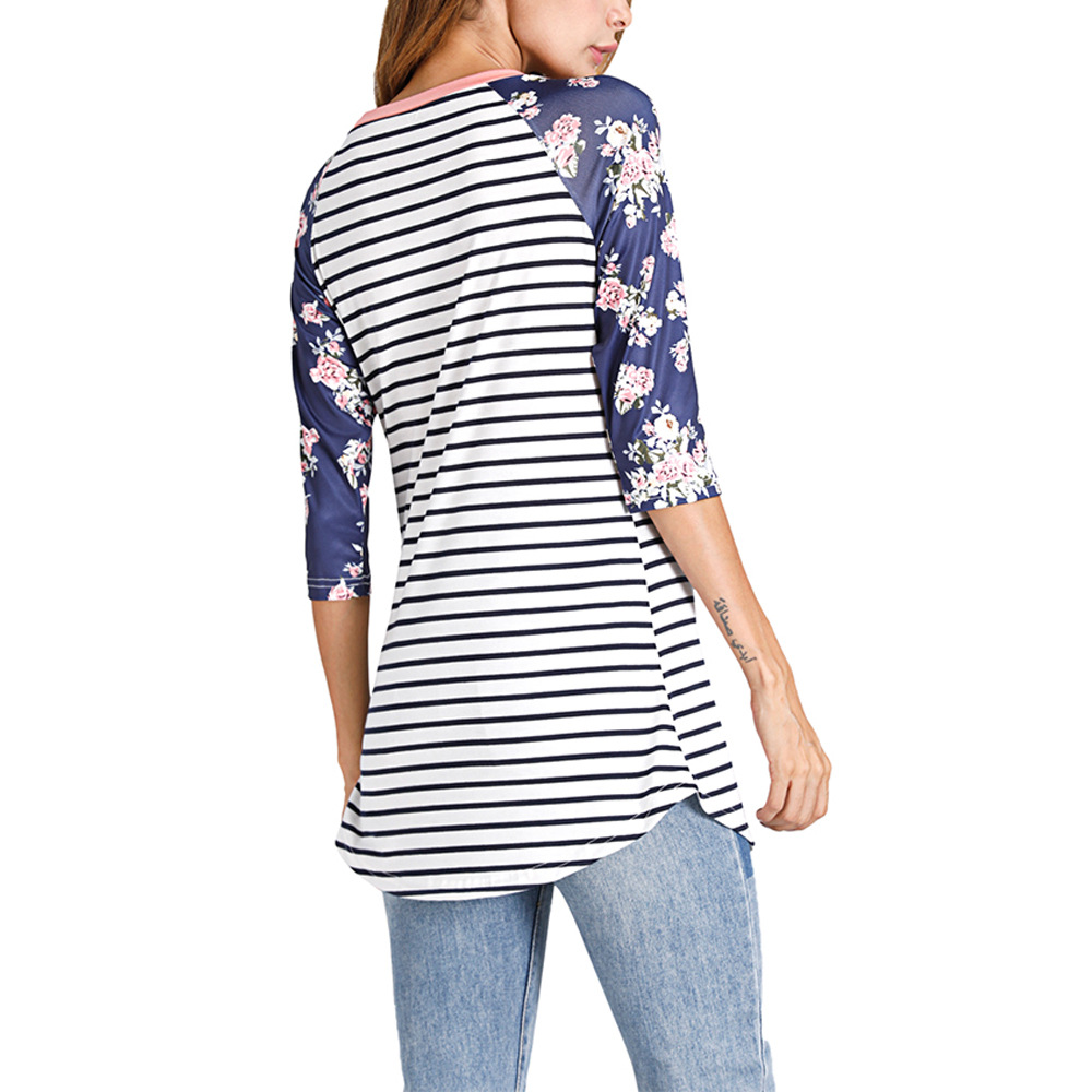 striped print round neck long sleeve top NSWNY74538