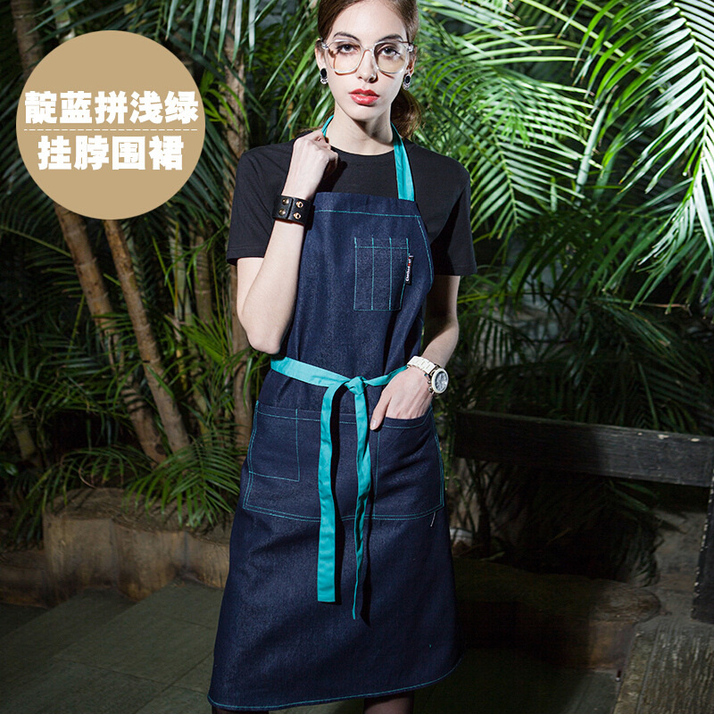 Estilo coreano de mezclilla delantal de trabajo de media longitud Cafetería Restaurante occidental pintura hombre y mujer camarero ropa de trabajo delantal de moda