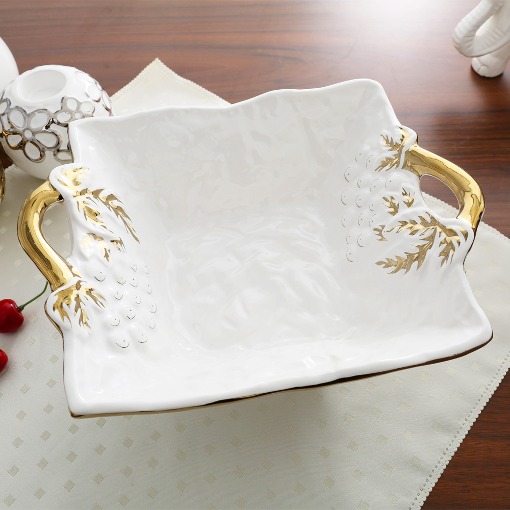 象牙白描金陶瓷果盤歐式奢華宮廷水果盤子家居裝飾品客廳茶幾擺件