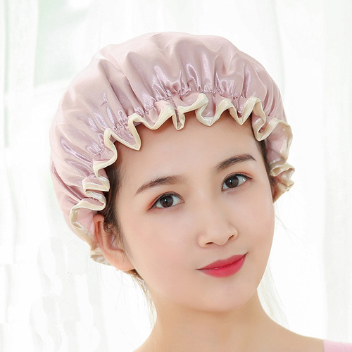 Double-layer satin waterproof shower cap, thickened adult men's and women's shower cap, oil-proof PE cloth baked oil cap