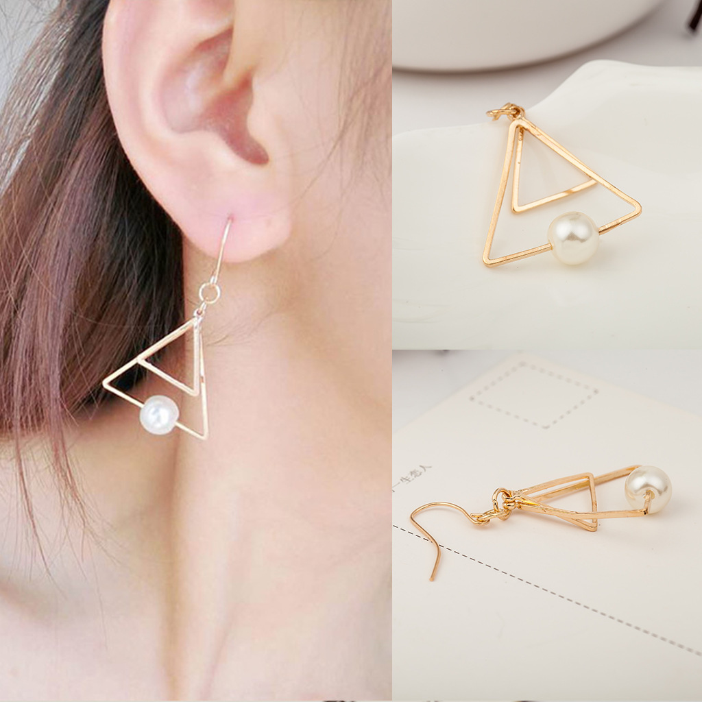 Hot Sale Multilayer Geometric Triangle Earrings Vintage Pearl Double Triangle Stud Earrings Wholesale display picture 3