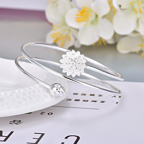Lotus Silver Bangle Bracelet Pure Silver Women's Gift for Girlfriend Round Silver Bangle Open Silver Accessory Fine Multi-Ring Day-Korean Bracelet Accessory