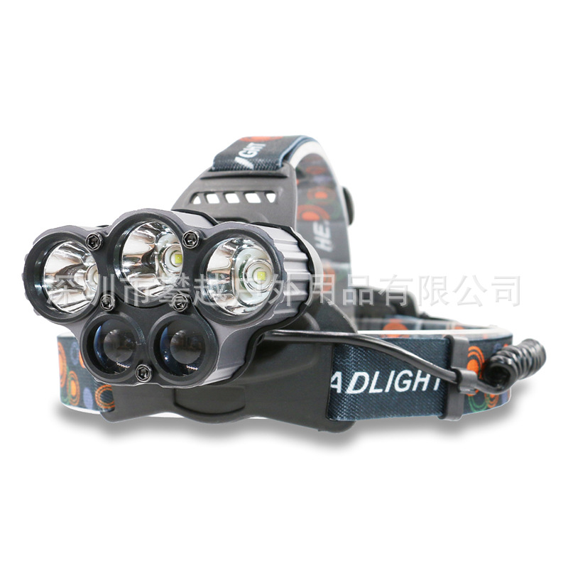 新款5LED 3T6强光充电头灯 夜钓狩猎骑行T6+LTS超强头灯 5LED头灯