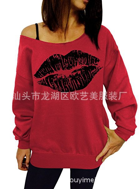Off Shoulder Long Sleeve Sweatshirt Loose Fit Lip Print Casual Style Womens Top for Everyday Wear Wholesale