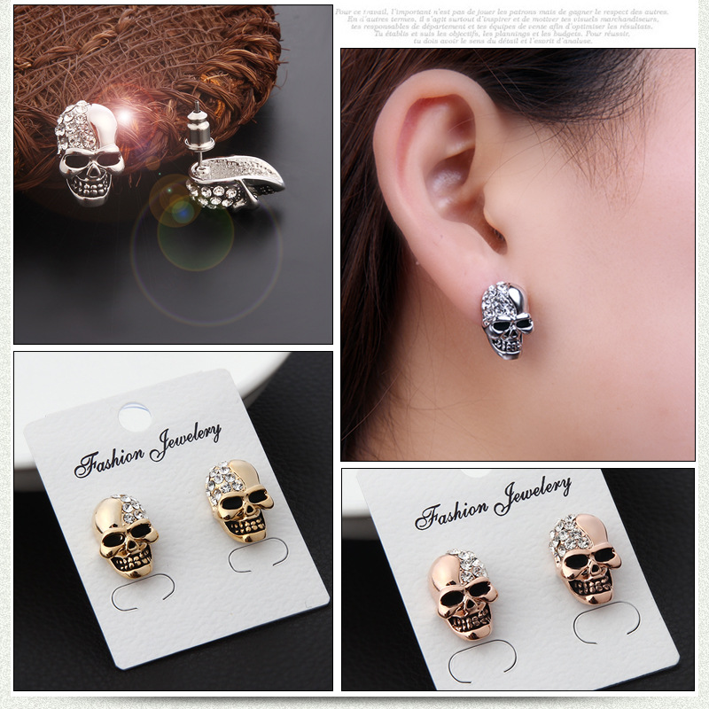 1 Pair Retro Punk Skull Plating Inlay Alloy Rhinestones 18k Gold Plated Rose Gold Plated Ear Studs display picture 1