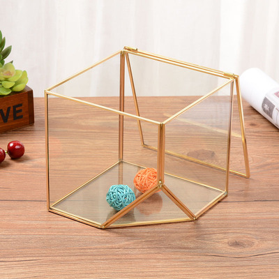 微景观几何玻璃花房 铜边玻璃化妆品收纳盒 桌面珠宝首饰收纳盒|ru