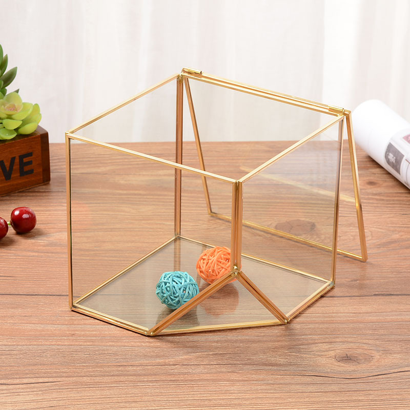微景观几何玻璃花房 铜边玻璃化妆品收纳盒 桌面珠宝首饰收纳盒|ru