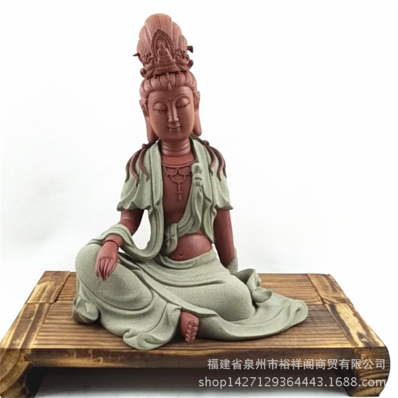 禅意家居镇宅佛像摆件披座自在观世音 手工雕塑彩砂釉紫砂工艺品