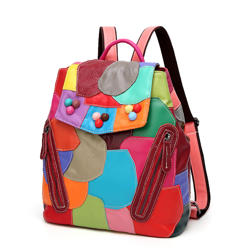 Spring New Sheepskin Women's Bag Splicing Contrast Fashion Leisure Travel Color Backpack_voghion.com