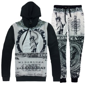 men casual suit sports winter Hoodie printed long sleeved pants two piece 3D statue portrait