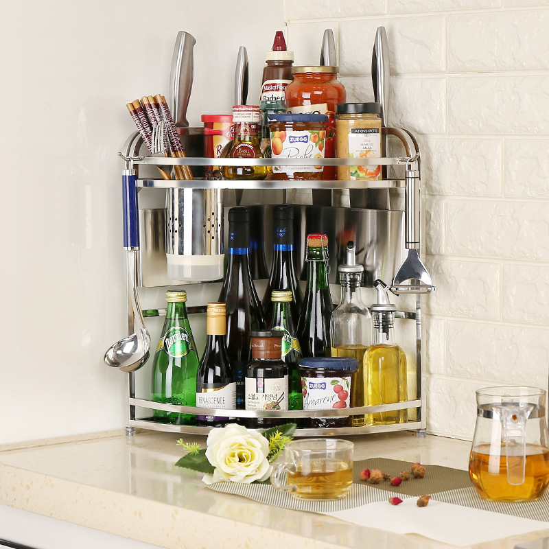 不锈钢厨房置物架落地转角架2层收纳架调味品调料架厨房用品