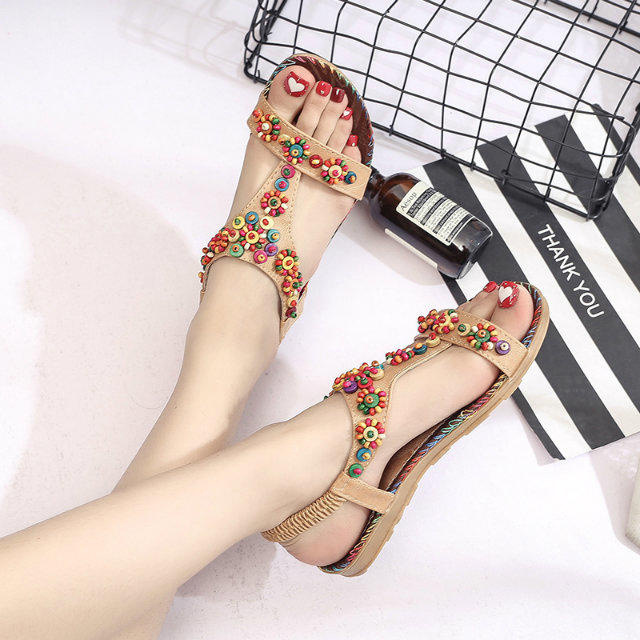 Foreign trade spring 2017 new Bohemian national style handmade beaded sandals flat bottom flat heel open toe women's shoes wholesale