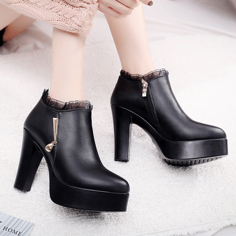 2025新款粗跟高跟防水台深口单鞋厚底蕾丝花边大码40-43码女鞋