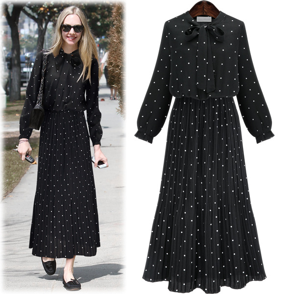 0108 Europe Station Plus Size Women's Dot Print Long Sleeve Dress Bohemian Pleated Dress
