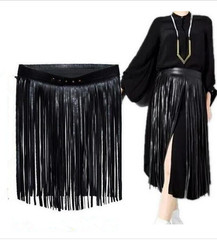 Long Flowing Fringe Belt Gypsy Style Women's Adjustable Skirt Style PU Leather Waist Wrap