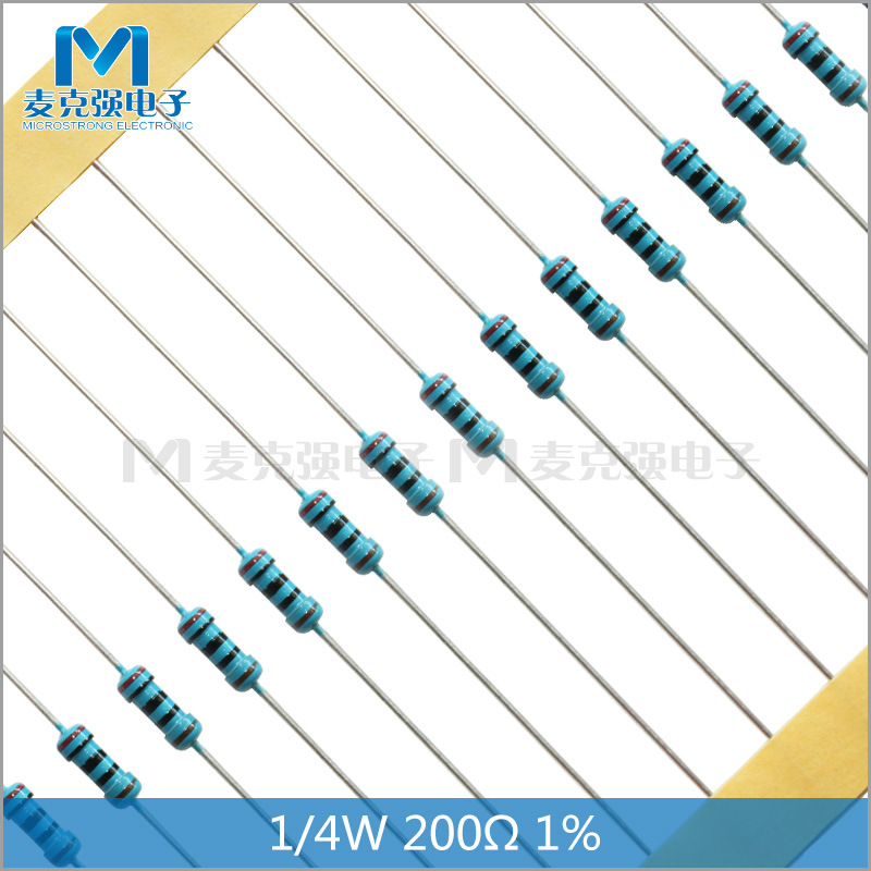 编带直插金属膜电阻1/4W 200欧 1%五色环电阻200R 红黑黑黑棕