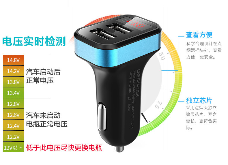 Mini dual USB new car charger with display current and voltage 2USB with digital display car charger