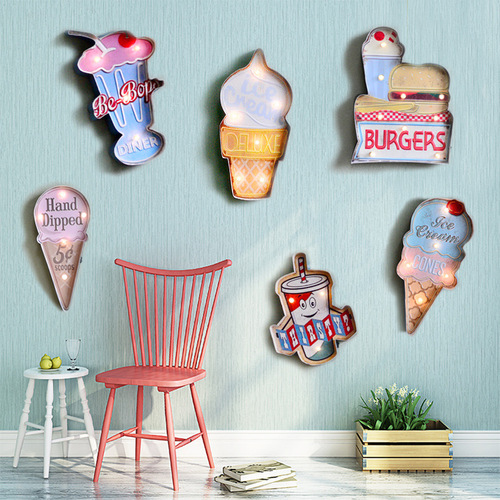 Ins Decorative Iron Wrought Iron Wall Hanging Metal Ice Cream LED Lamp Wall Decor Bar Wall Decoration Craftsmanship Industrial Style