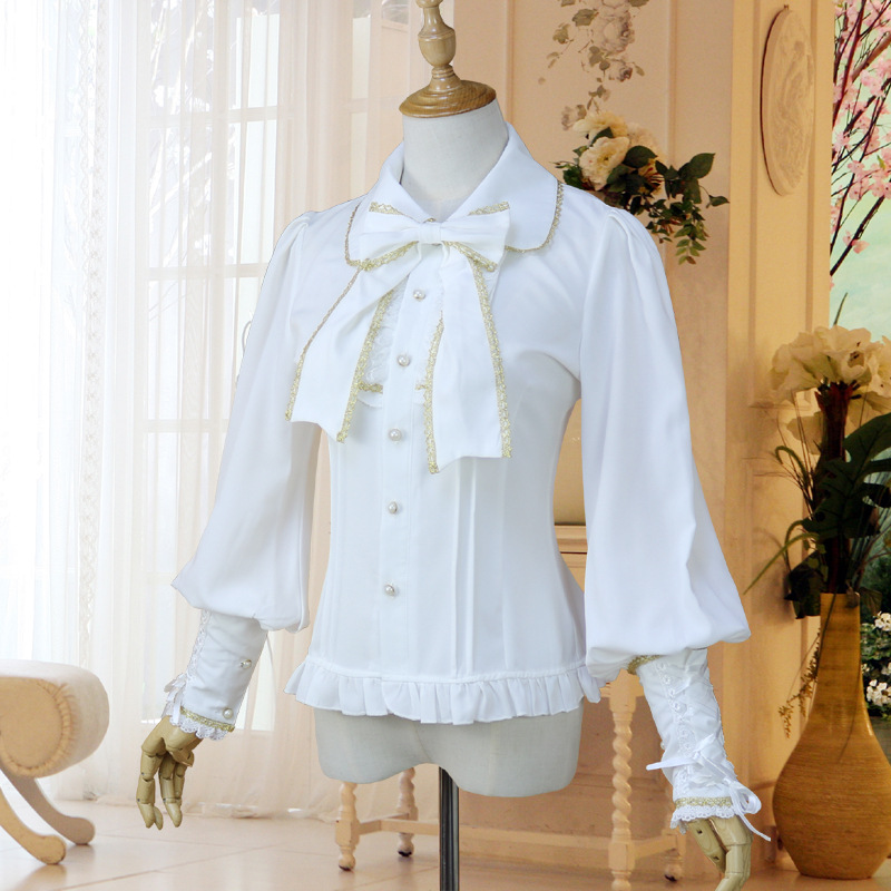 ヨーロッパのレトロなランタンの袖の金の縁のレースのシフォンのlolitaの洋服の長袖の女性のシャツ