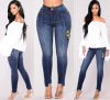 European fashion holes embroidered high elastic jeans leg pants