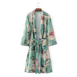 欧美外贸女装绿印花长款睡袍和服外套 634