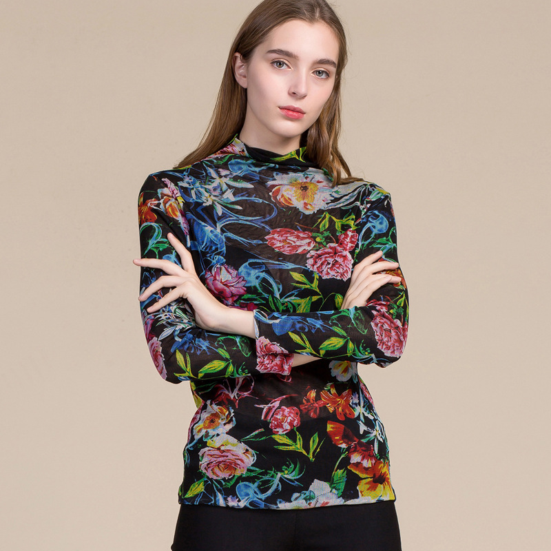 Womens Silk Mesh Mock Neck Long Sleeve T Shirt Double Layer Lightweight Soft Fabric Perfect for Spring and Autumn