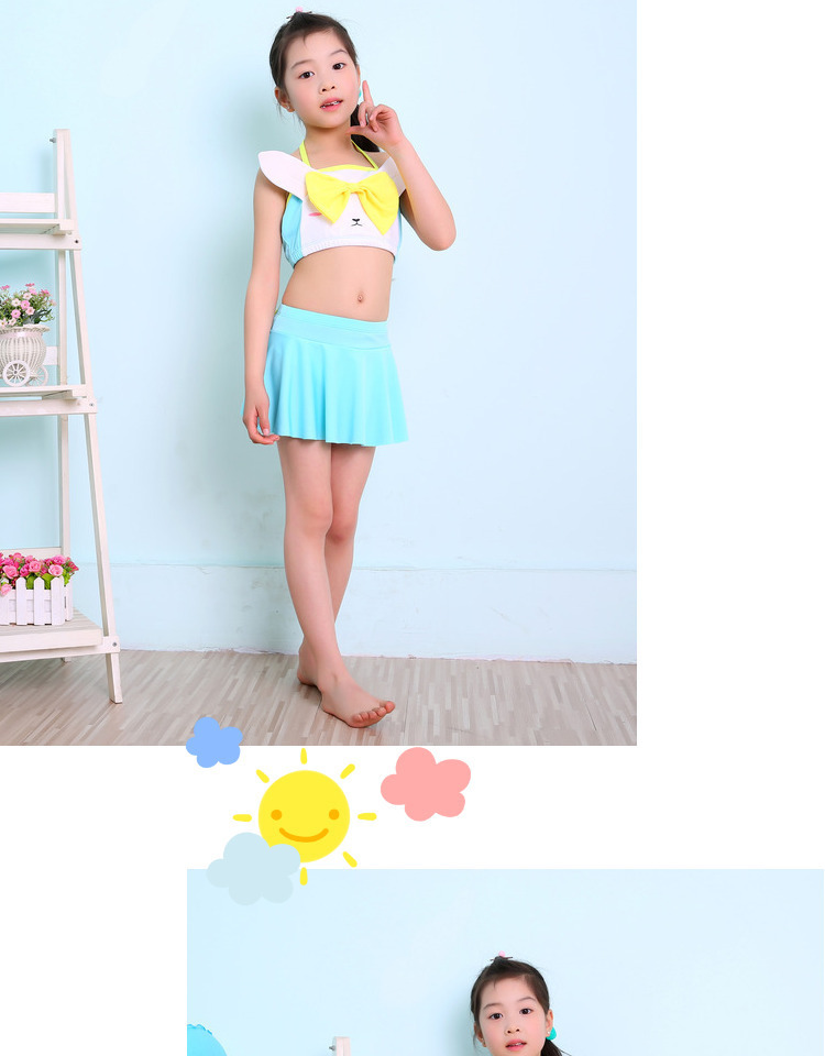 帮手描述图：轩尼贝纯色韩版温泉新款儿童分体裙式可爱泳衣泳装宝