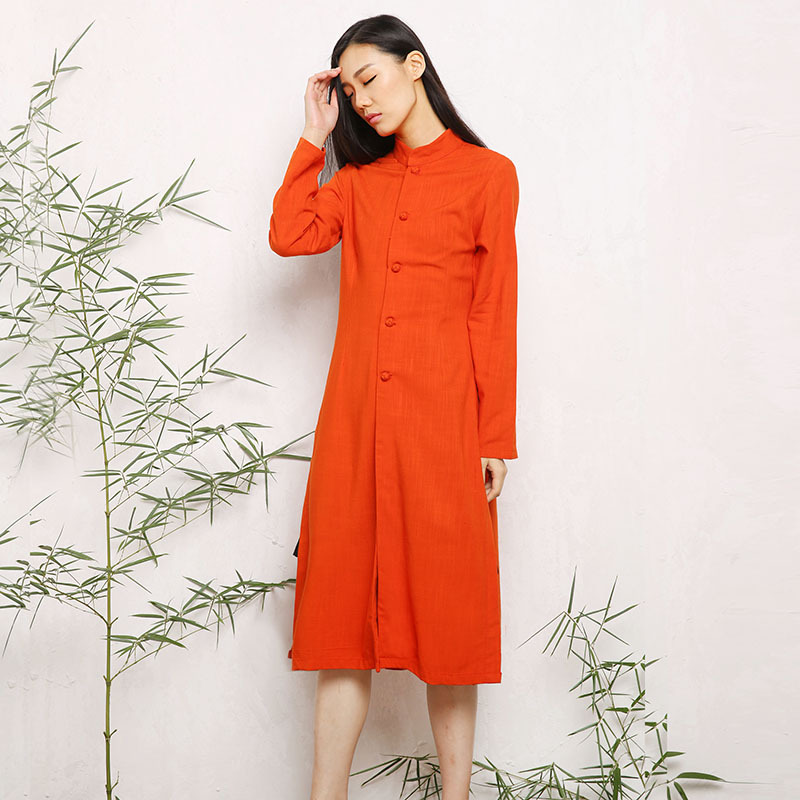 黛艺秋冬外套2019新款麻料风衣女加长款民族风加立领盘扣过膝大衣|ru