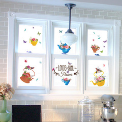 [SK7105] Hand-Painted Teapot & Potted Plant Wall Decal for Windowsill, Living Room, Entrance Area, Bedroom, or TV Background Wall