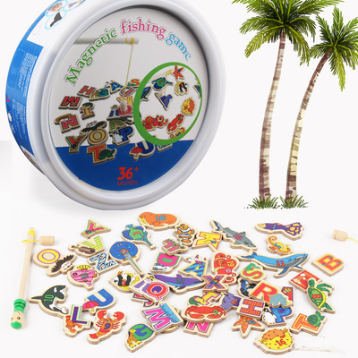 木制儿童益智游戏桶装46条2杆海洋小猫钓鱼磁性冰箱贴幼儿园玩具|ms