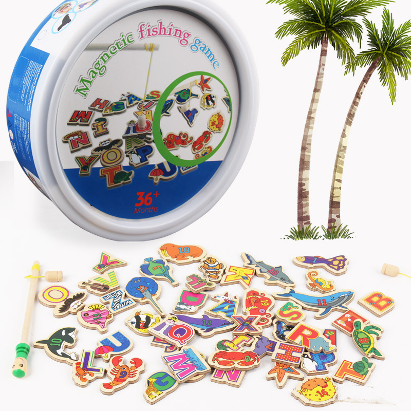 木制儿童益智游戏桶装46条2杆海洋小猫钓鱼磁性冰箱贴幼儿园玩具|ms