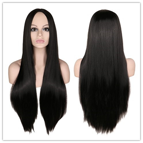 欧美假发 中分刘海自然黑长直发女士高温丝外贸假发一件代发