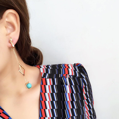 手作饰品复古菱形铜片墨珠长款耳环气质韩国无耳洞耳夹耳坠配饰女|ms