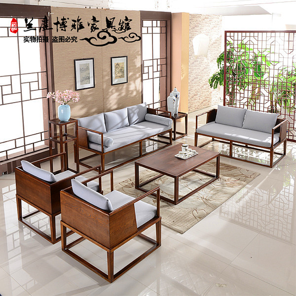 New Chinese style Buddhist mood sofa Modern minimalist solid wood Three-seat sofa hotel club a living room villa Custom furniture