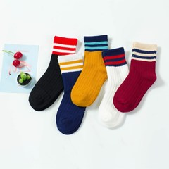秋冬新款精梳棉大中小兒童雙槓條紋中筒襪學生襪豎條糖果色中筒襪