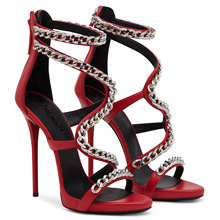 欧美女士红色白色黑色高跟凉鞋外贸包跟链条性感高跟鞋成都厂家