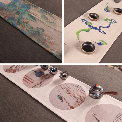 定制手绘麻布禅意茶席桌旗茶道零配中式亚麻茶杯垫布艺干泡席茶旗