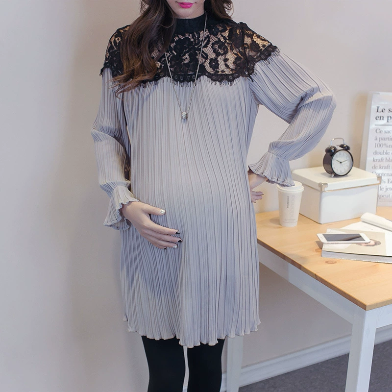 [Распродажа] Новое платье материнства шифон платье материнства плиссированные кружева шить платье Топ с длинным рукавом плюс размер