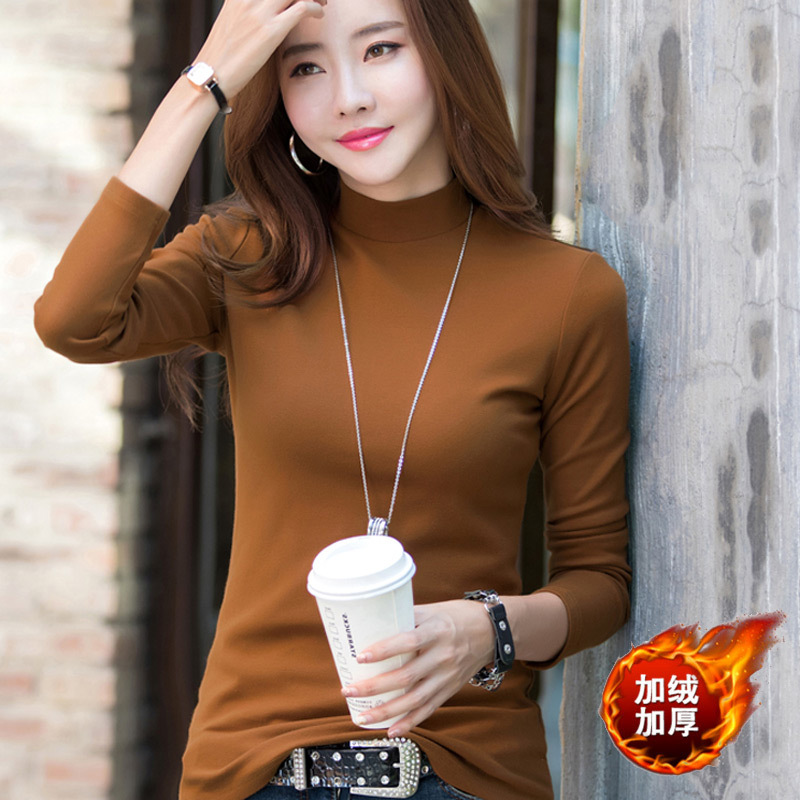 2021冬新款韩版女装修身显瘦加绒加厚半高领T恤女士长袖打底衫