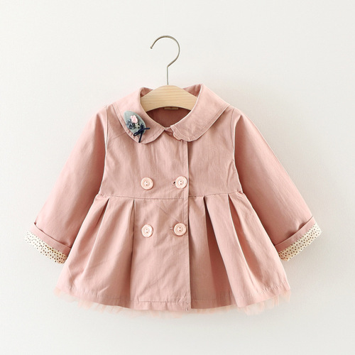 A035 Spring and Autumn New Arrival Girls' Cat Embroidered Collar Jacket Trench Coat for Kids Outing Wear 0-4