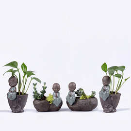 新中式哥窑文竹盆栽盆多肉陶瓷花盆创意小和尚水养植物花器摆件